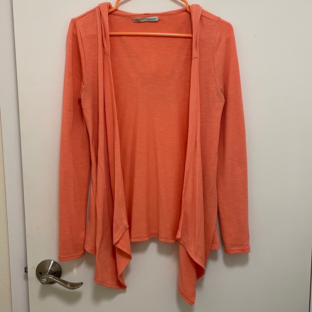 Peachy pink hooded cardigan.